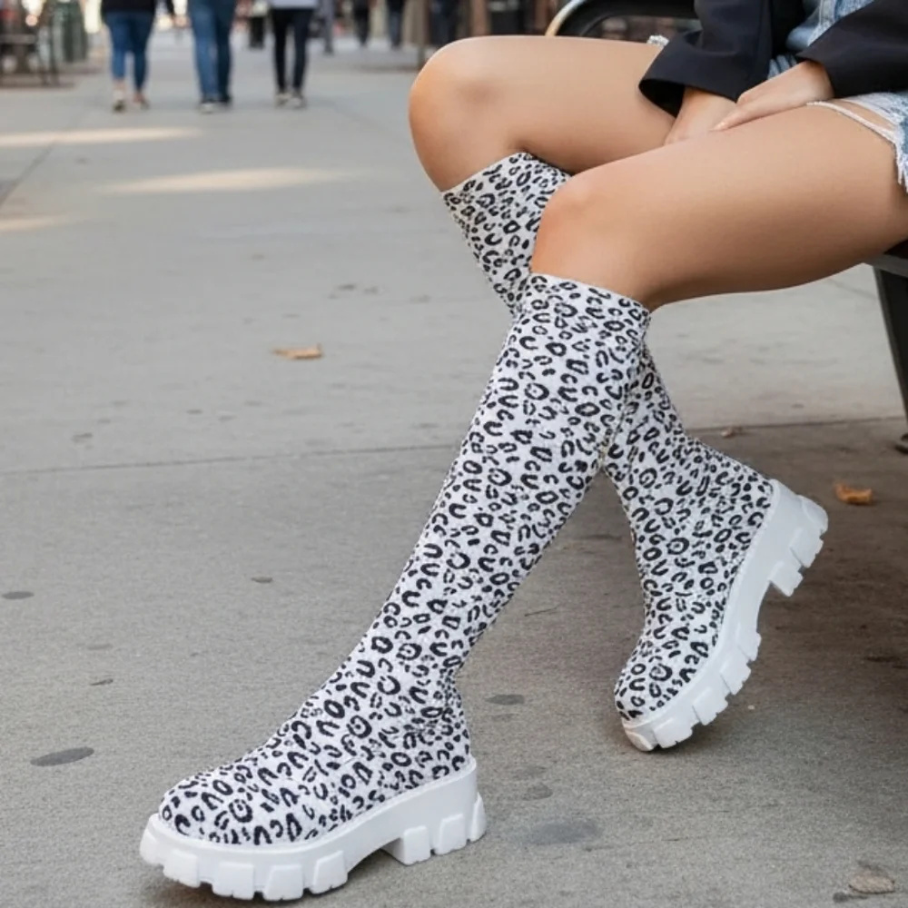 Leopard Chunky Platform Knee High Sock Boots Stretch Mesh Knit Block Heel Shoes
